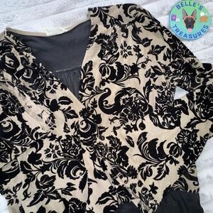 Ember Size Medium V Neck Black‎ Tan Velvet Embossed Print Bell Sleeve Bodysuit